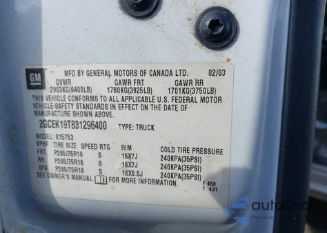 2003 Chevrolet Silverado 1500 Ls from USA, damaged, VIN 2GCEK19T831296400